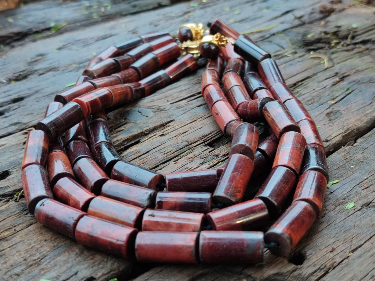 Polished Red Tigers Eye Cylinder Shaped Beaded Necklace with Cabochons on Clasp - Sold Per Item - From South Africa - Toprock Gemstones and Minerals 