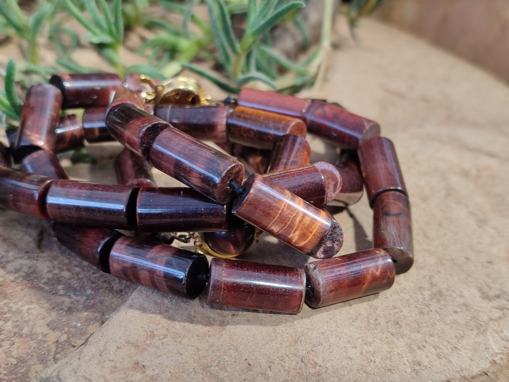 Polished Red Tigers Eye Cylinder Shaped Beaded Necklace with Cabochons on Clasp - Sold Per Item - From South Africa - Toprock Gemstones and Minerals 