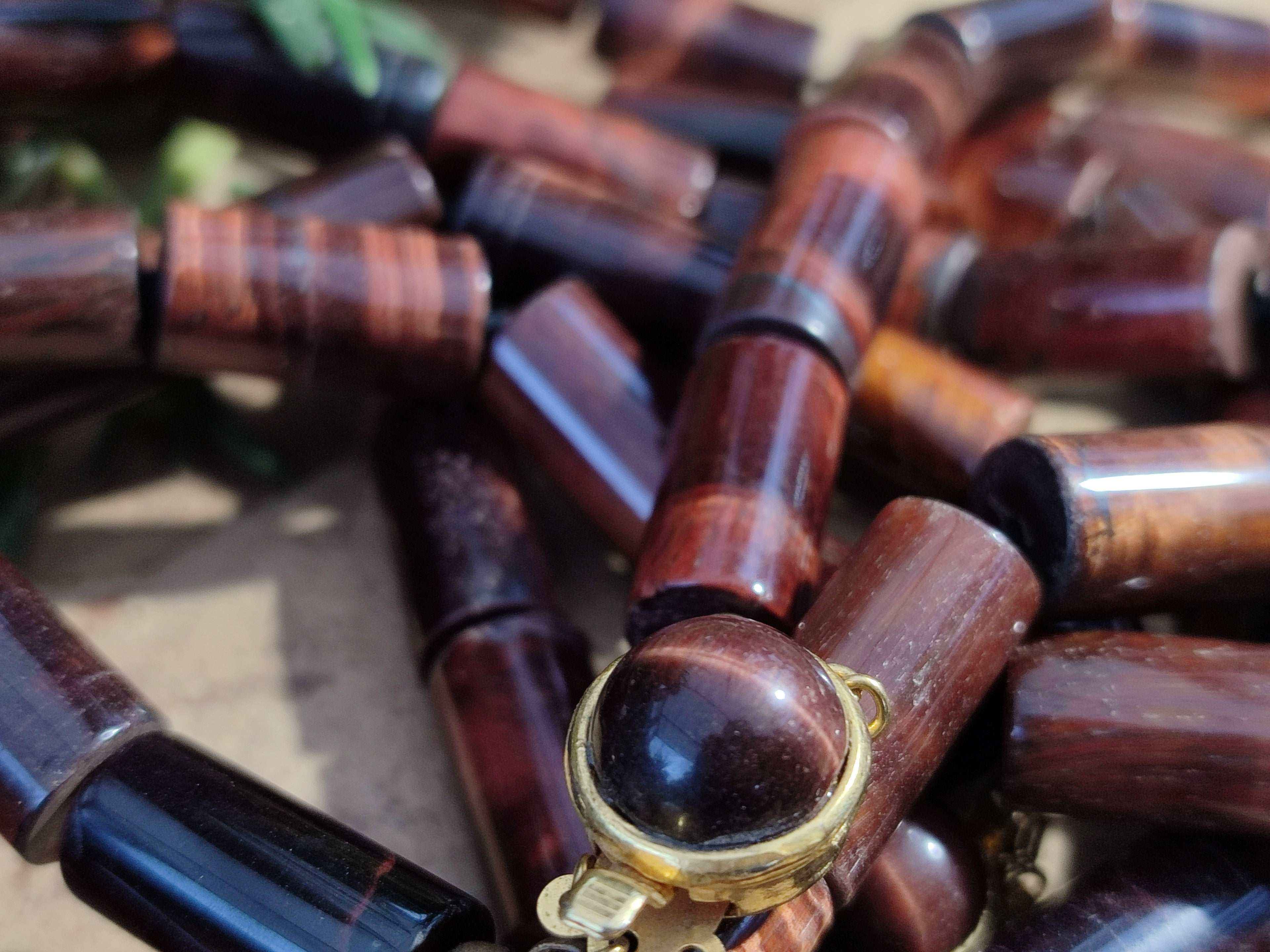 Polished Red Tigers Eye Cylinder Shaped Beaded Necklace with Cabochons on Clasp - Sold Per Item - From South Africa - Toprock Gemstones and Minerals 