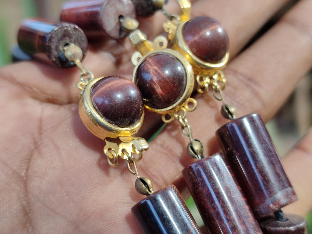 Polished Red Tigers Eye Cylinder Shaped Beaded Necklace with Cabochons on Clasp - Sold Per Item - From South Africa - Toprock Gemstones and Minerals 