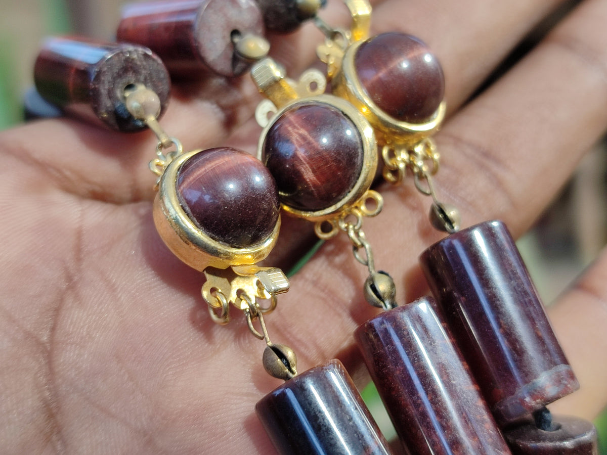 Polished Red Tigers Eye Cylinder Shaped Beaded Necklace with Cabochons on Clasp - Sold Per Item - From South Africa - Toprock Gemstones and Minerals 