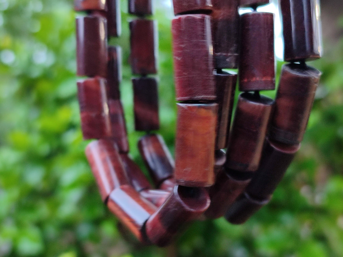 Polished Red Tigers Eye Cylinder Shaped Beaded Necklace with Cabochons on Clasp - Sold Per Item - From South Africa - Toprock Gemstones and Minerals 