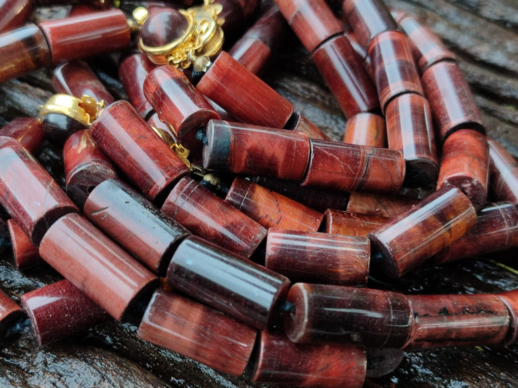 Polished Red Tigers Eye Cylinder Shaped Beaded Necklace with Cabochons on Clasp - Sold Per Item - From South Africa - Toprock Gemstones and Minerals 
