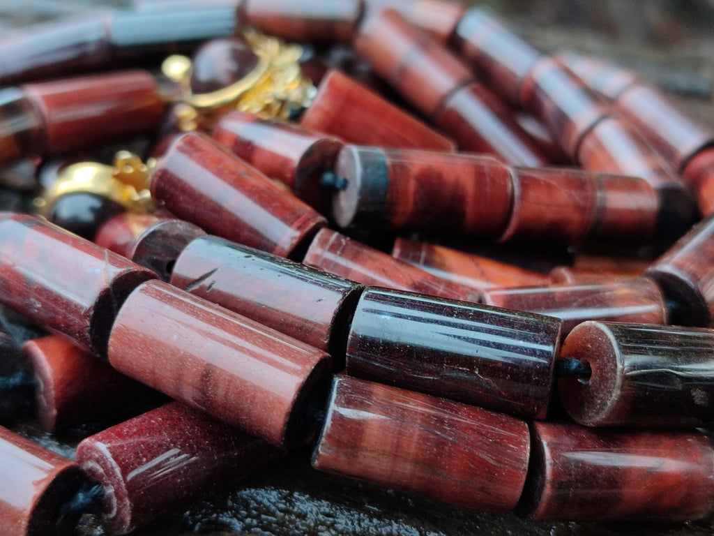 Polished Red Tigers Eye Cylinder Shaped Beaded Necklace with Cabochons on Clasp - Sold Per Item - From South Africa - Toprock Gemstones and Minerals 