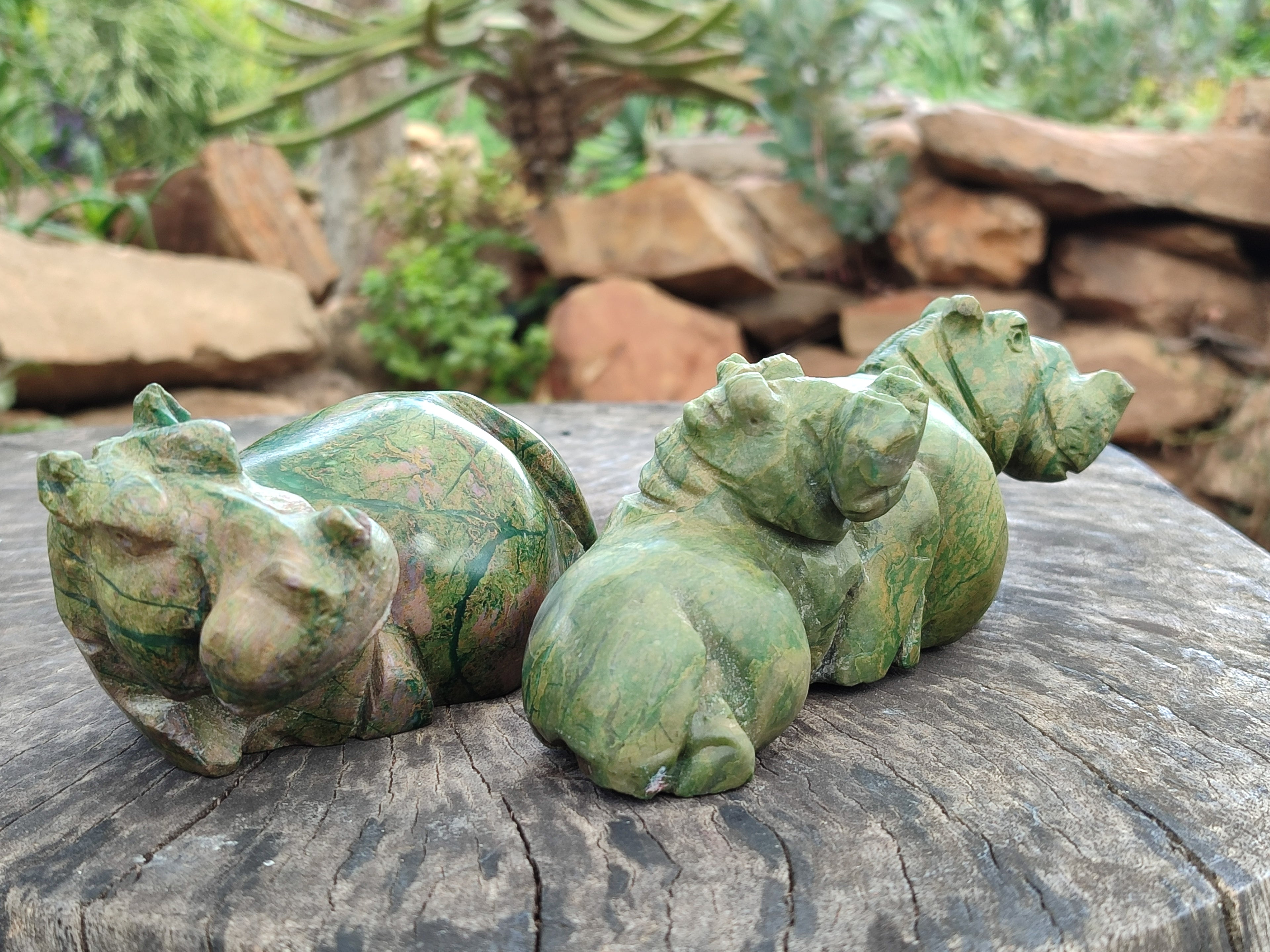 Polished Ruby Corundum In Chrome Verdite Hippo Carvings x 2 From Zimbabwe - Toprock Gemstones and Minerals 