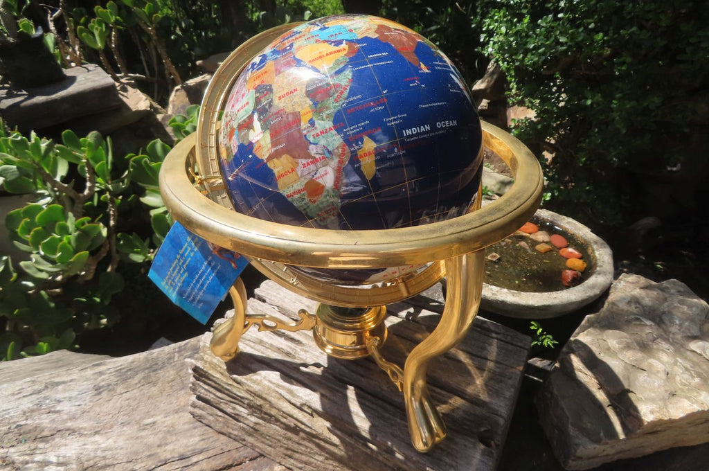 Hand Made Lapis Lazuli and Mixed Gemstone World Globe with Metal Stand - sold per item -  From China - Toprock Gemstones and Minerals 