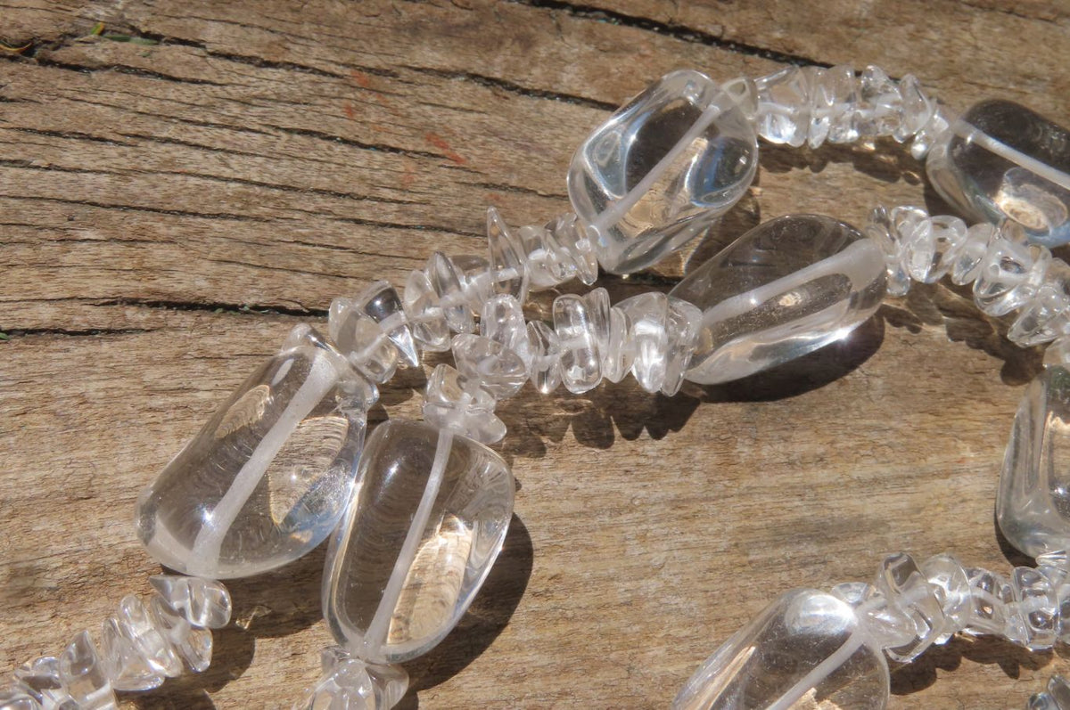 Polished Clear Quartz Rock Crystal Mixed Drilled and Tumble Chip Beaded Necklace - Sold Per Item - From Madagascar - Toprock Gemstones and Minerals 