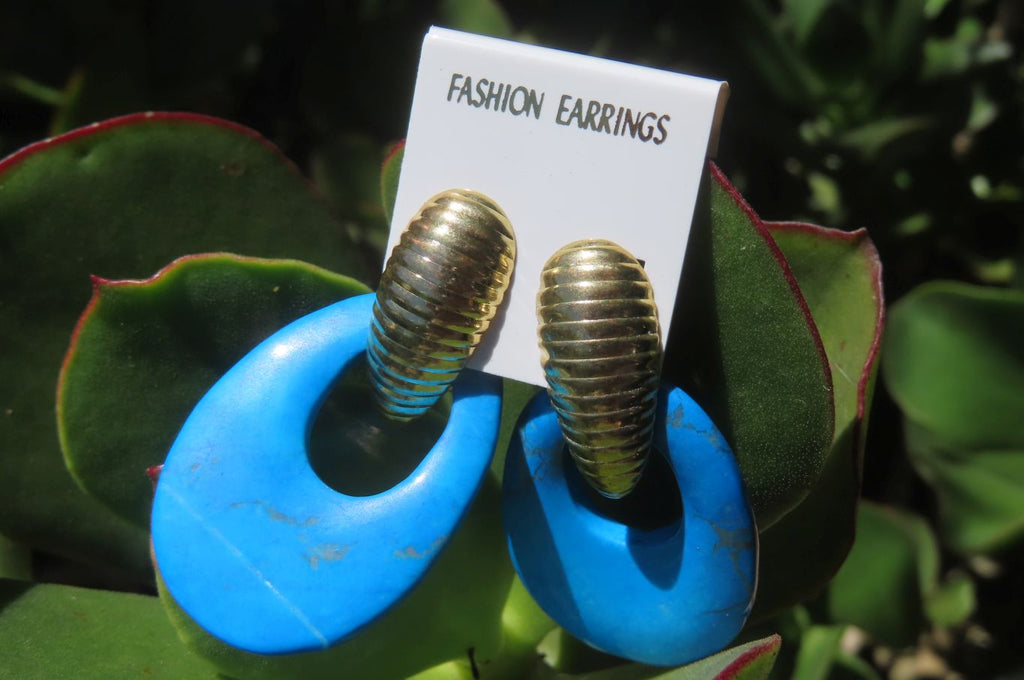 Polished Pair of Blue Turquenite Howlite Go Go Earrings - Sold Per Pair - From Zimbabwe - Toprock Gemstones and Minerals 