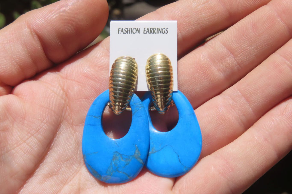 Polished Pair of Blue Turquenite Howlite Go Go Earrings - Sold Per Pair - From Zimbabwe - Toprock Gemstones and Minerals 