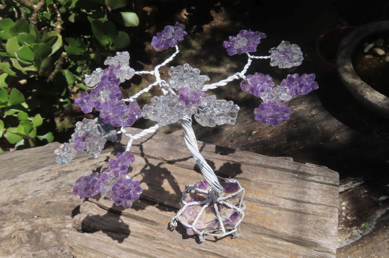 Hand Made Rock Crystal and Amethyst Wire Wrap Tree On Crystal Amethyst Base - Sold Per Item -  From Zambia - Toprock Gemstones and Minerals 