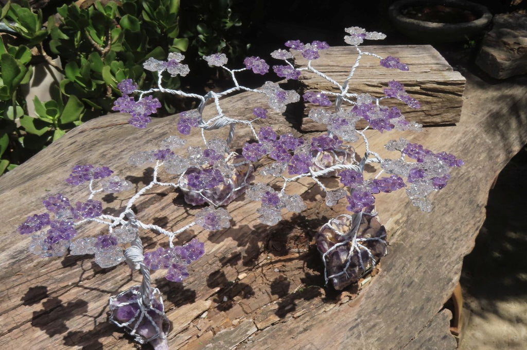 Hand Made Rock Crystal and Amethyst Wire Wrap Tree On Crystal Amethyst Base - Sold Per Item -  From Zambia - Toprock Gemstones and Minerals 