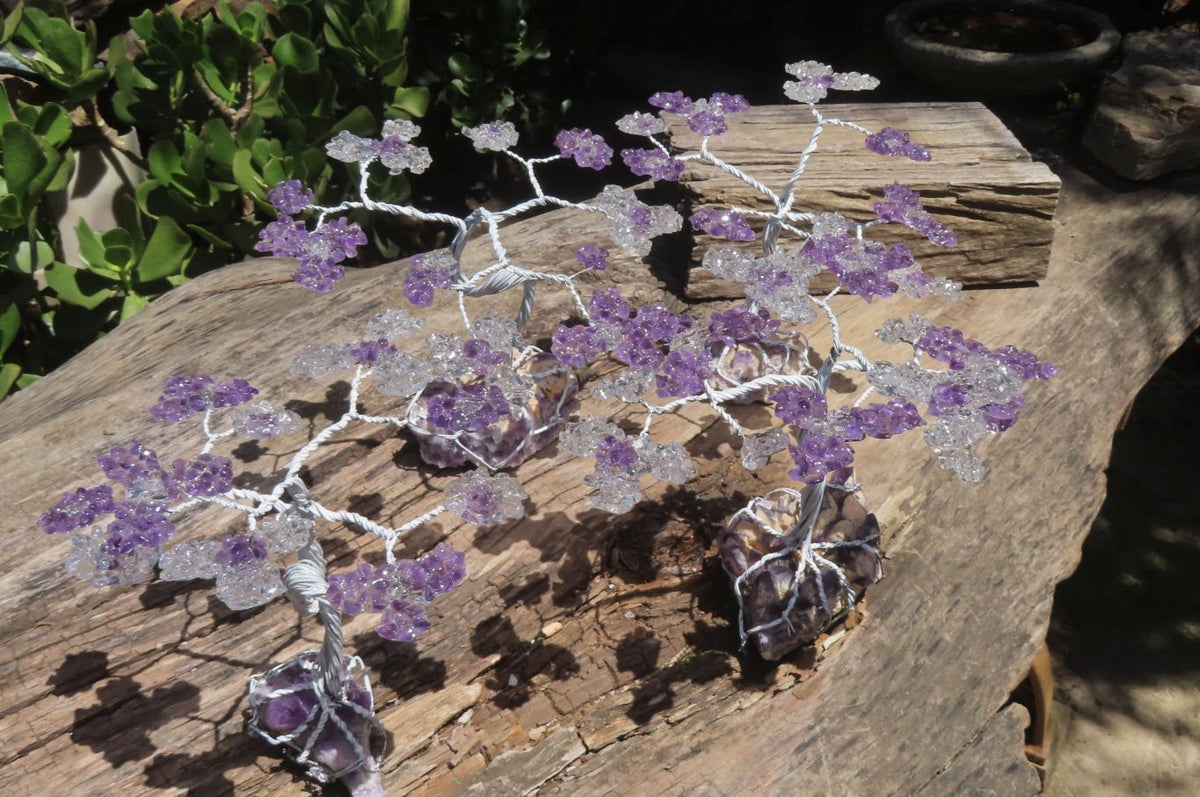 Hand Made Rock Crystal and Amethyst Wire Wrap Tree On Crystal Amethyst Base - Sold Per Item -  From Zambia - Toprock Gemstones and Minerals 