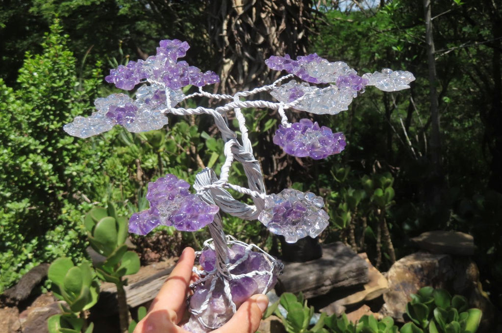 Hand Made Rock Crystal and Amethyst Wire Wrap Tree On Crystal Amethyst Base - Sold Per Item -  From Zambia - Toprock Gemstones and Minerals 