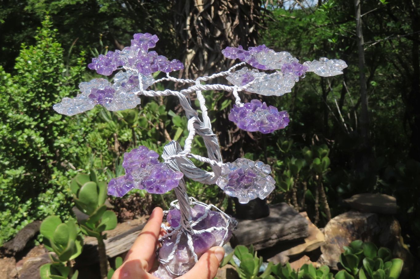 Hand Made Rock Crystal and Amethyst Wire Wrap Tree On Crystal Amethyst Base - Sold Per Item -  From Zambia - Toprock Gemstones and Minerals 