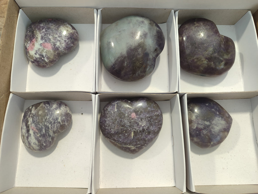 Polished Lepidolite with Pink Rubellite Gemstone Hearts x 6 From Madagascar - Toprock Gemstones and Minerals 