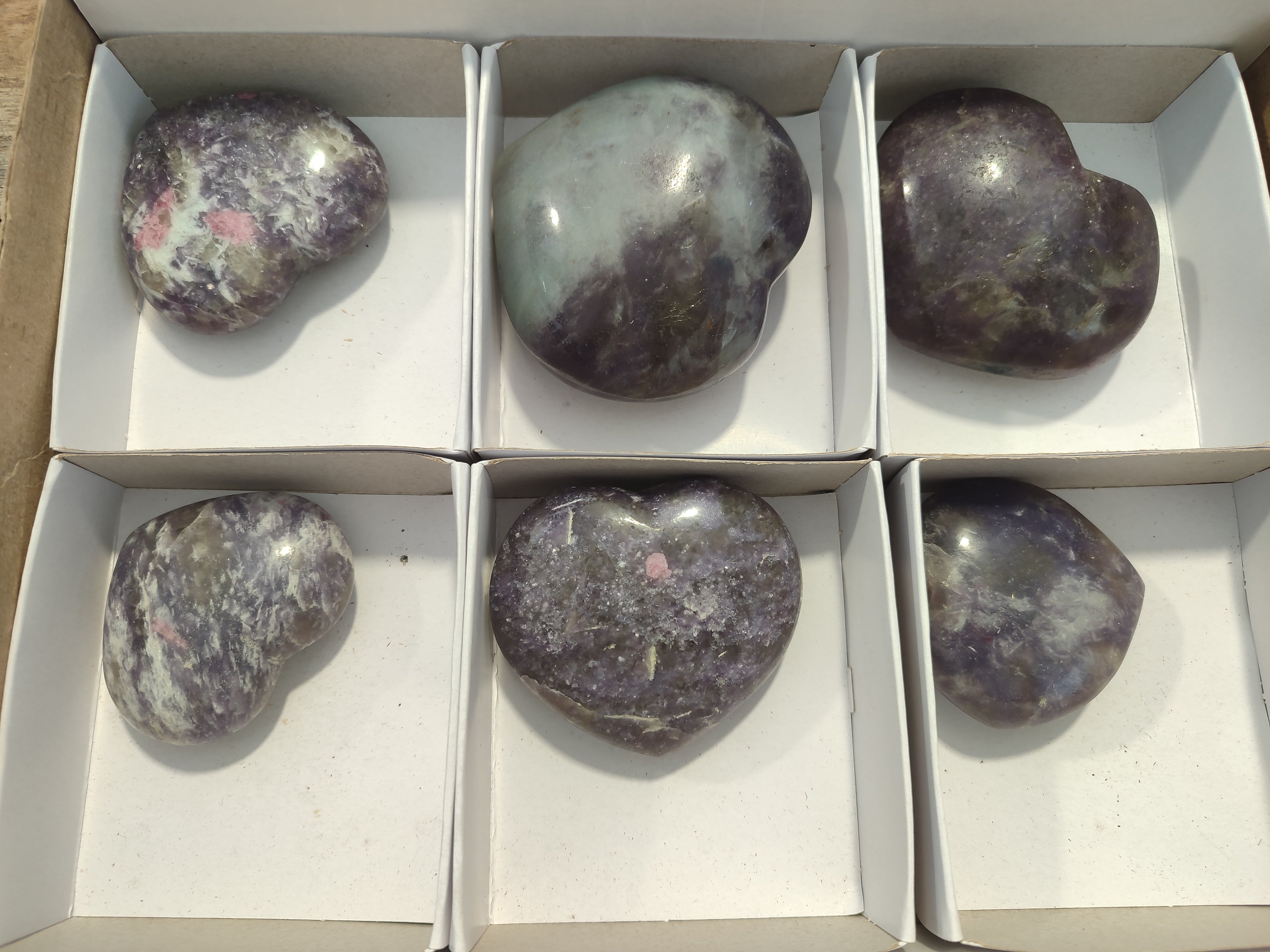 Polished Lepidolite with Pink Rubellite Gemstone Hearts x 6 From Madagascar - Toprock Gemstones and Minerals 