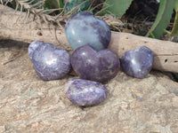 Polished Lepidolite with Pink Rubellite Gemstone Hearts x 6 From Madagascar