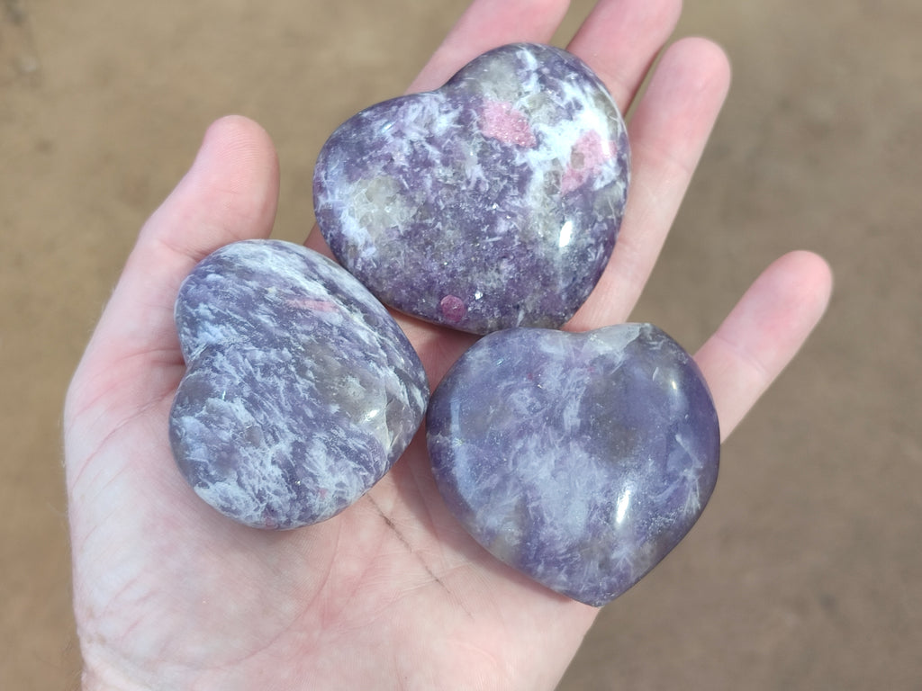 Polished Lepidolite with Pink Rubellite Gemstone Hearts x 6 From Madagascar - Toprock Gemstones and Minerals 