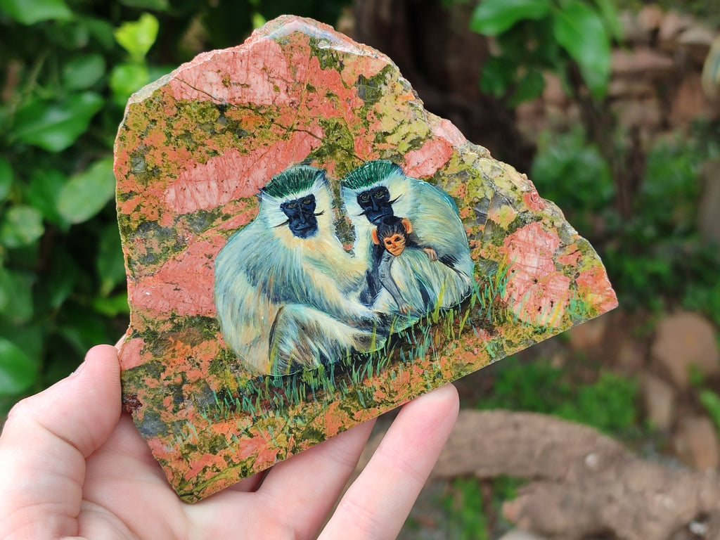 Hand Made Vervet Monkey Family Decoupage on Unakite Stone Slabs - sold per item - From Southern Africa - Toprock Gemstones and Minerals 