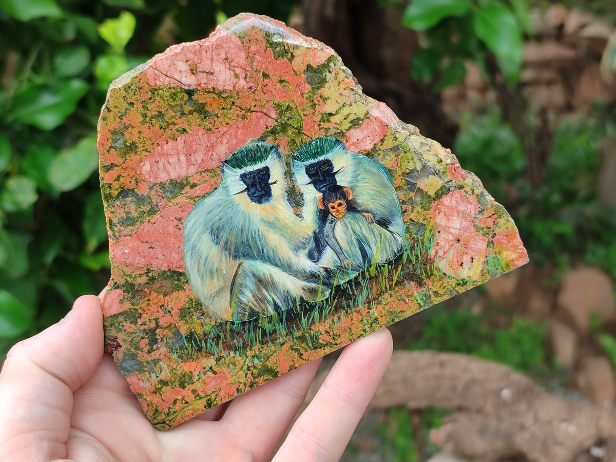 Hand Made Vervet Monkey Family Decoupage on Unakite Stone Slabs - sold per item - From Southern Africa - Toprock Gemstones and Minerals 