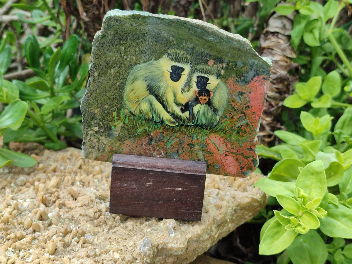 Hand Made Vervet Monkey Family Decoupage on Unakite Stone Slabs - sold per item - From Southern Africa - Toprock Gemstones and Minerals 