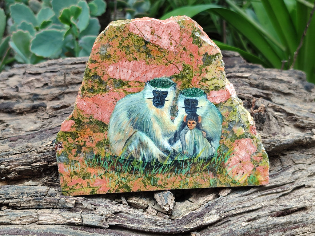 Hand Made Vervet Monkey Family Decoupage on Unakite Stone Slabs - sold per item - From Southern Africa - Toprock Gemstones and Minerals 
