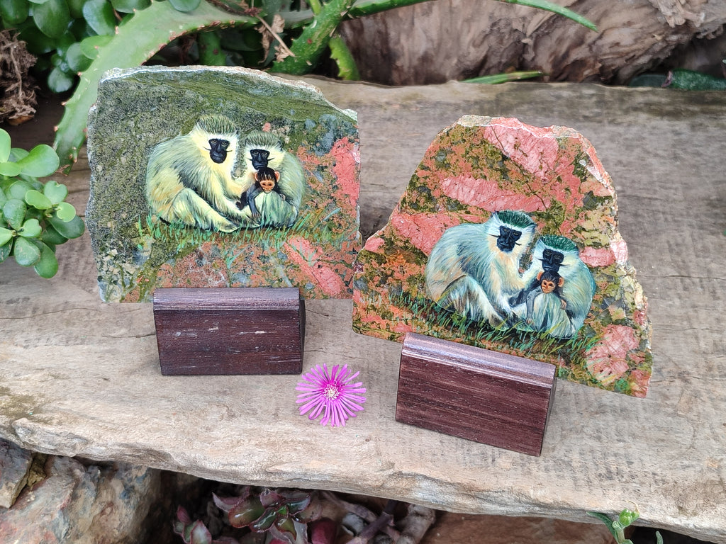 Hand Made Vervet Monkey Family Decoupage on Unakite Stone Slabs - sold per item - From Southern Africa - Toprock Gemstones and Minerals 