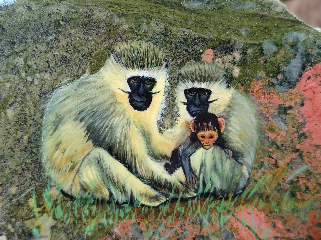 Hand Made Vervet Monkey Family Decoupage on Unakite Stone Slabs - sold per item - From Southern Africa - Toprock Gemstones and Minerals 
