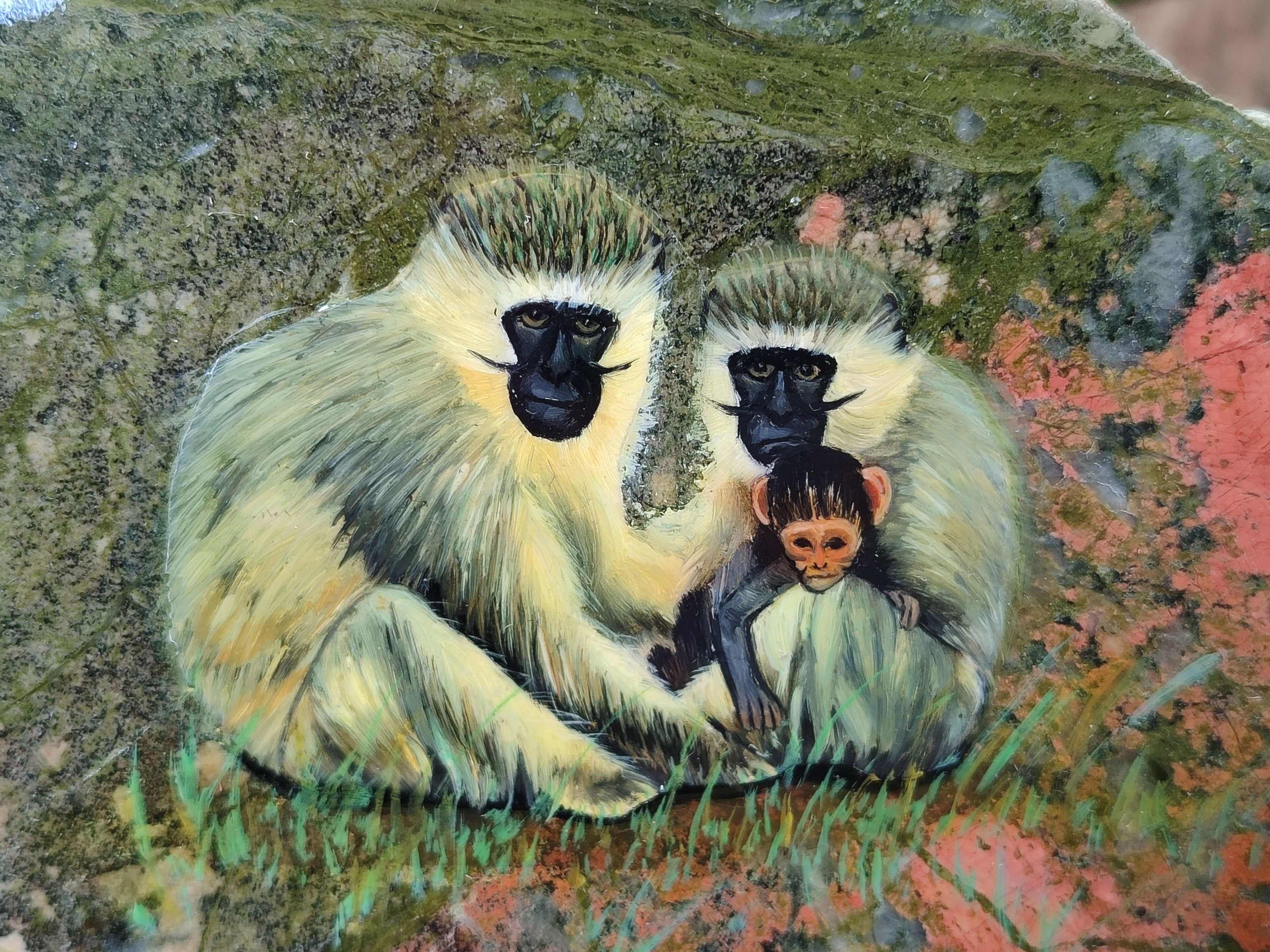 Hand Made Vervet Monkey Family Decoupage on Unakite Stone Slabs - sold per item - From Southern Africa - Toprock Gemstones and Minerals 
