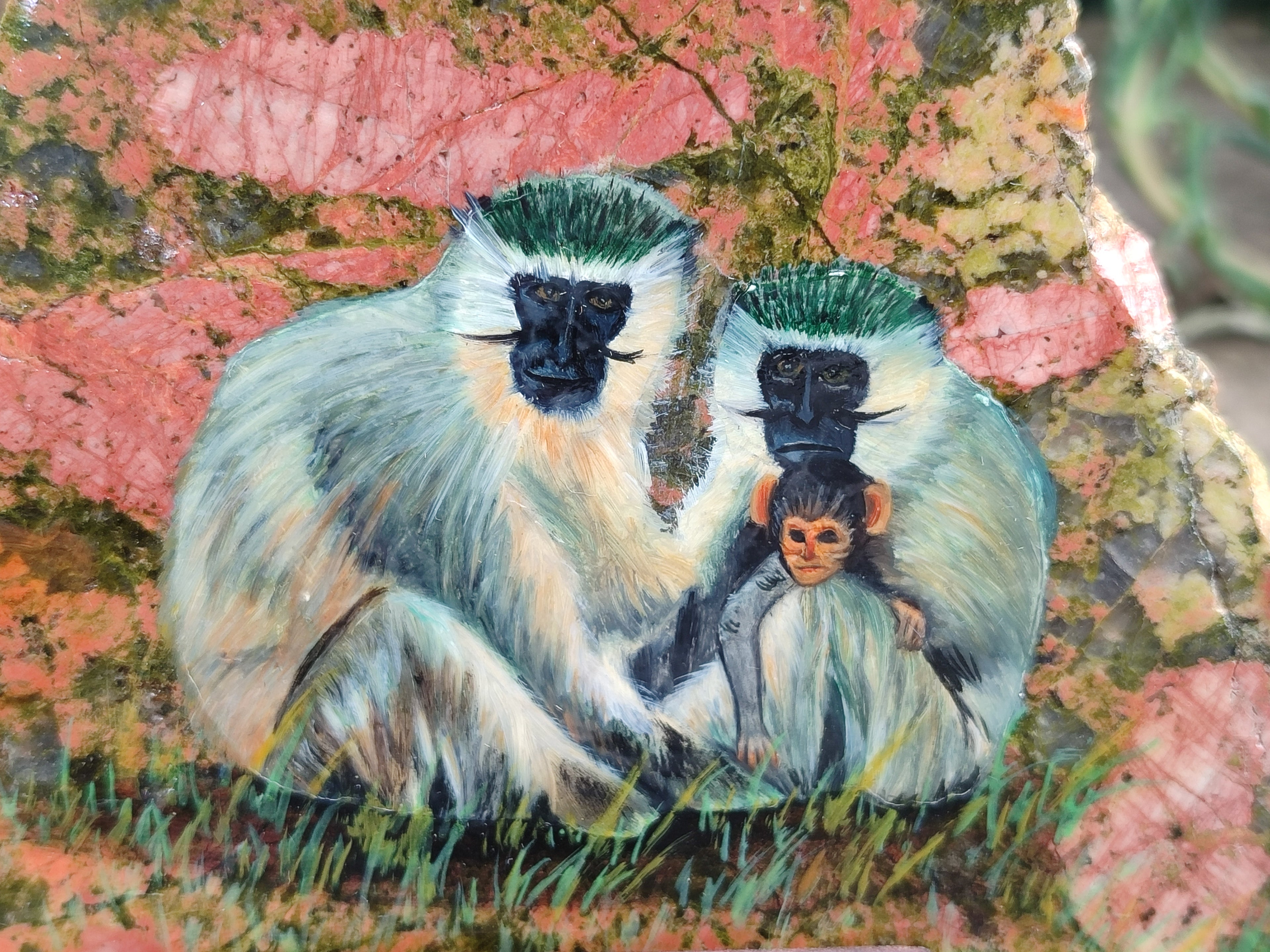 Hand Made Vervet Monkey Family Decoupage on Unakite Stone Slabs - sold per item - From Southern Africa - Toprock Gemstones and Minerals 