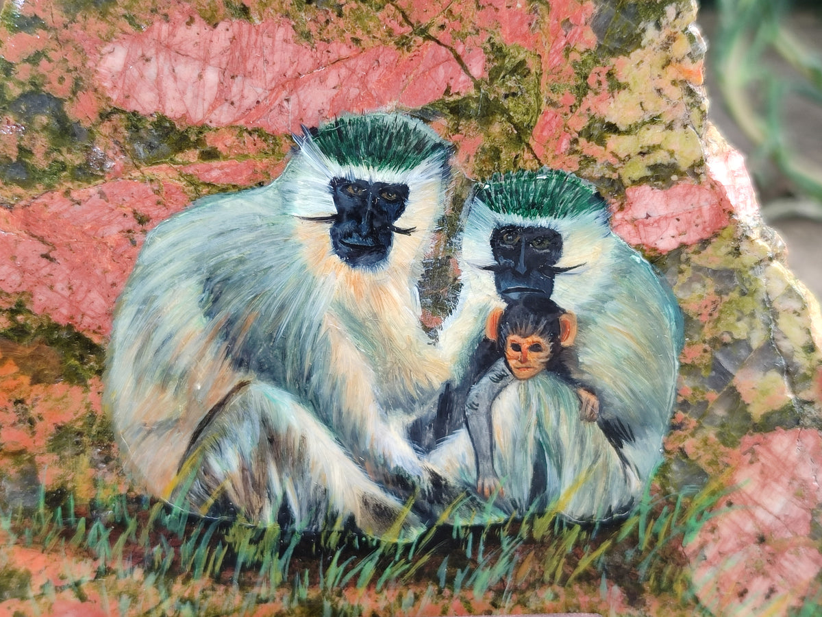 Hand Made Vervet Monkey Family Decoupage on Unakite Stone Slabs - sold per item - From Southern Africa - Toprock Gemstones and Minerals 