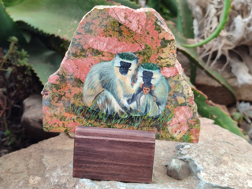 Hand Made Vervet Monkey Family Decoupage on Unakite Stone Slabs - sold per item - From Southern Africa - Toprock Gemstones and Minerals 