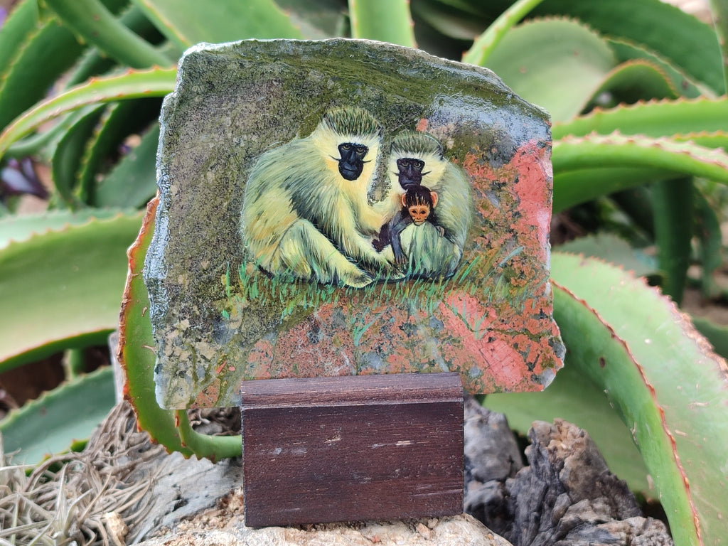 Hand Made Vervet Monkey Family Decoupage on Unakite Stone Slabs - sold per item - From Southern Africa - Toprock Gemstones and Minerals 