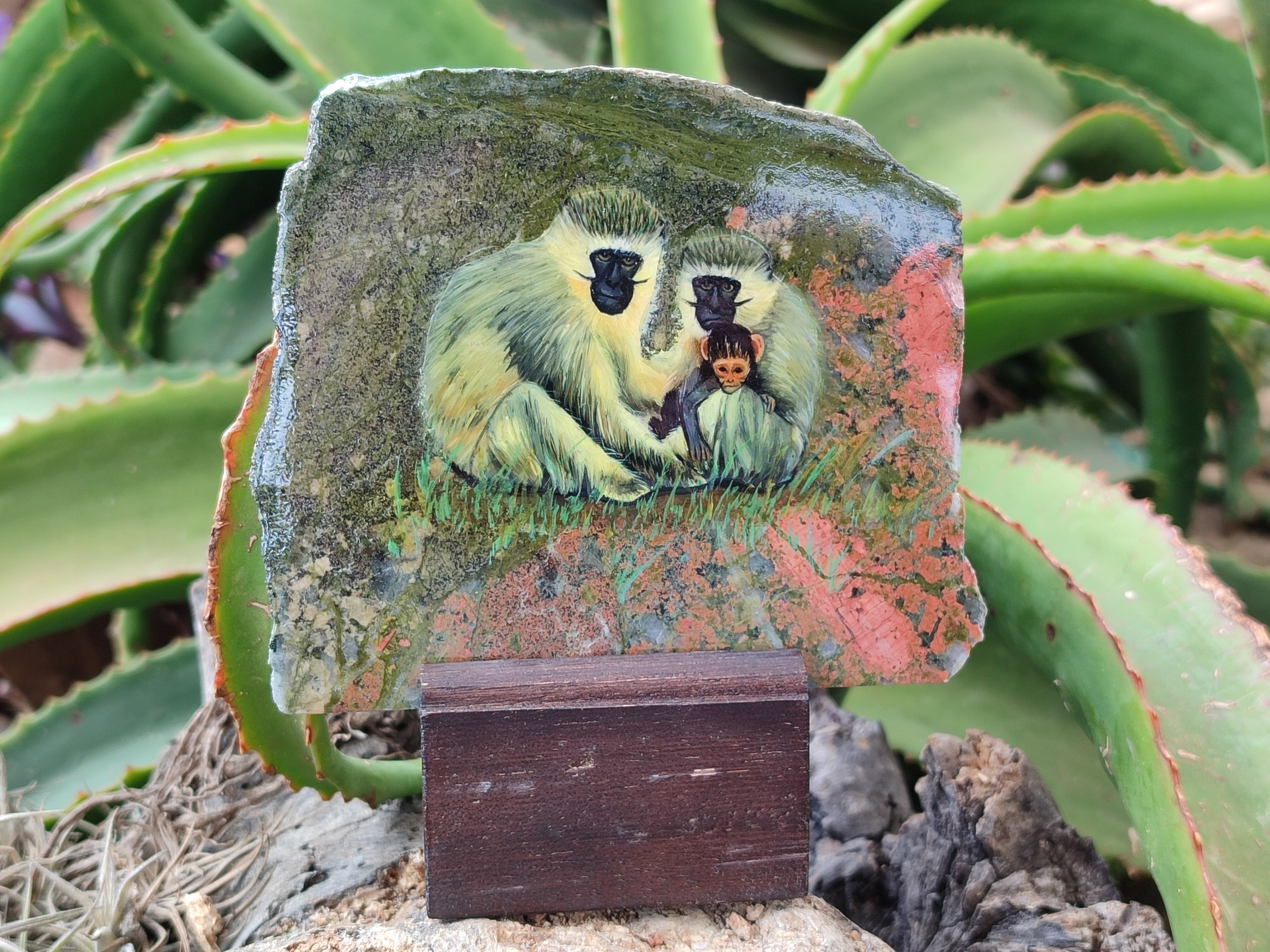 Hand Made Vervet Monkey Family Decoupage on Unakite Stone Slabs - sold per item - From Southern Africa - Toprock Gemstones and Minerals 
