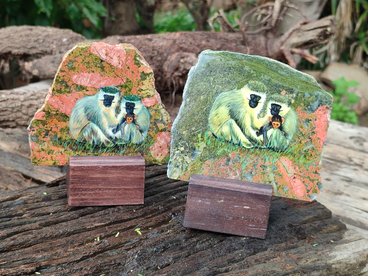 Hand Made Vervet Monkey Family Decoupage on Unakite Stone Slabs - sold per item - From Southern Africa - Toprock Gemstones and Minerals 