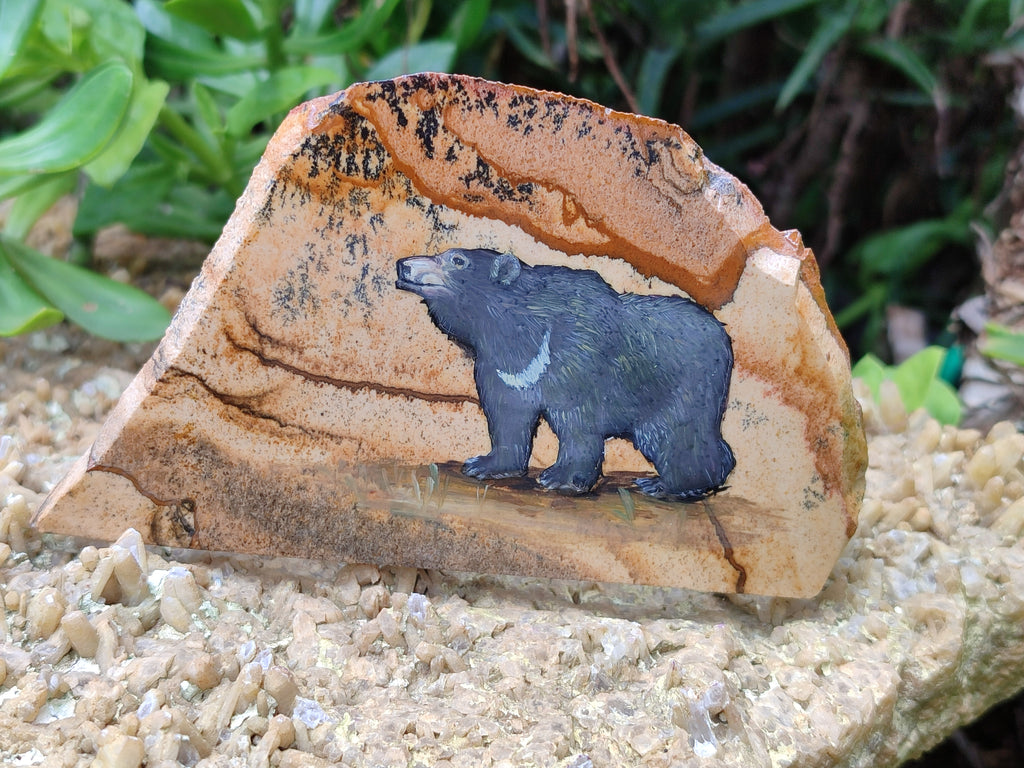 Hand Made Bear Decoupage on Picture Stone Jasper Stone Slabs - sold per item - From Namibia - Toprock Gemstones and Minerals 