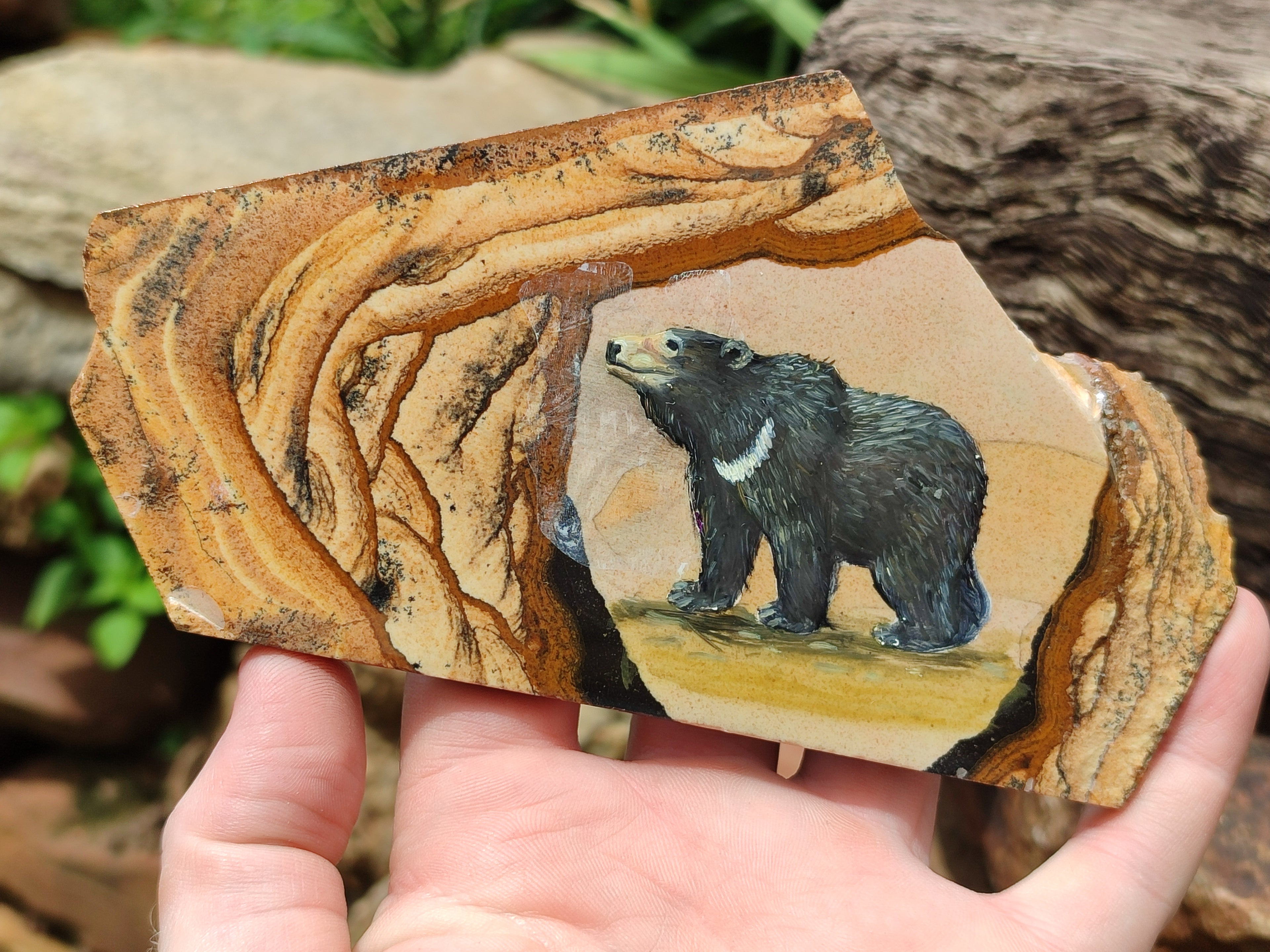 Hand Made Bear Decoupage on Picture Stone Jasper Stone Slabs - sold per item - From Namibia - Toprock Gemstones and Minerals 