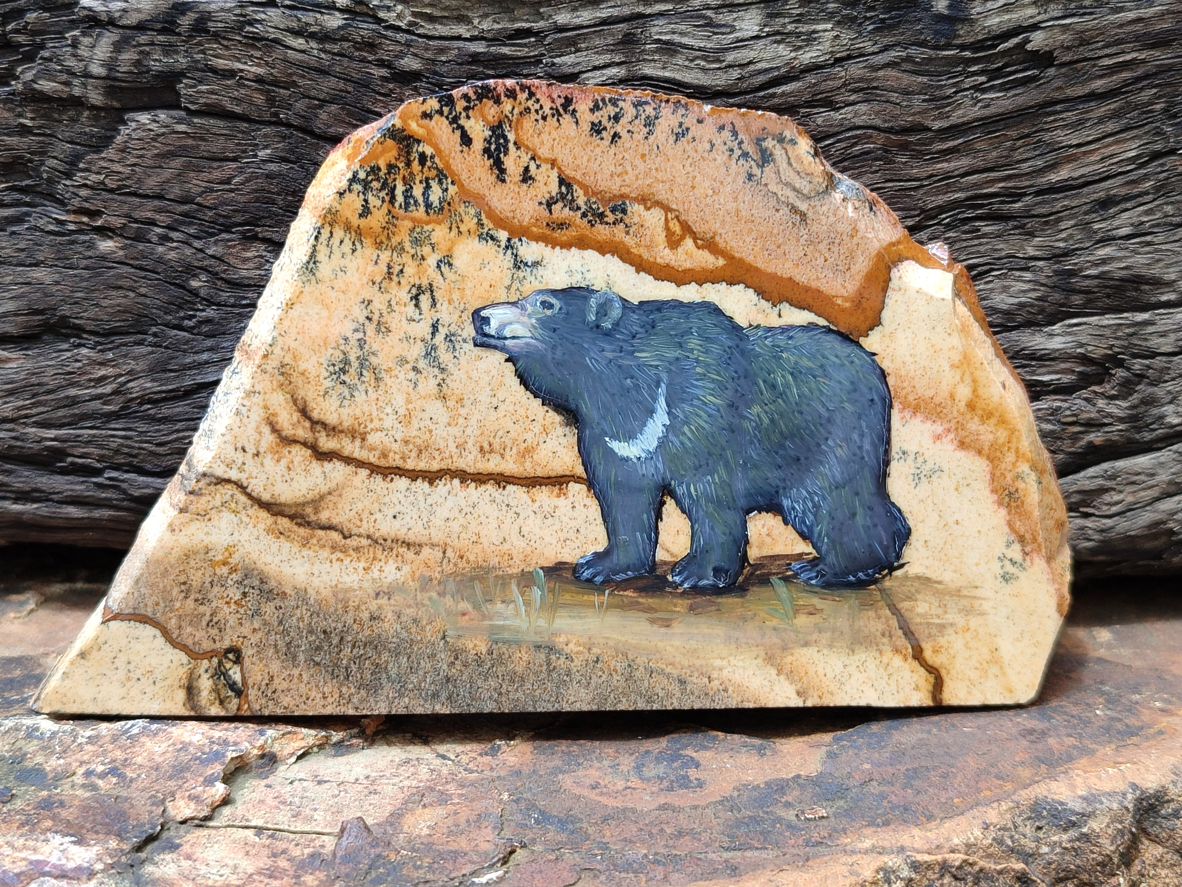Hand Made Bear Decoupage on Picture Stone Jasper Stone Slabs - sold per item - From Namibia - Toprock Gemstones and Minerals 