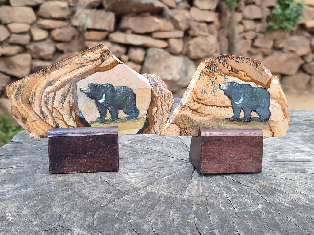 Hand Made Bear Decoupage on Picture Stone Jasper Stone Slabs - sold per item - From Namibia - Toprock Gemstones and Minerals 