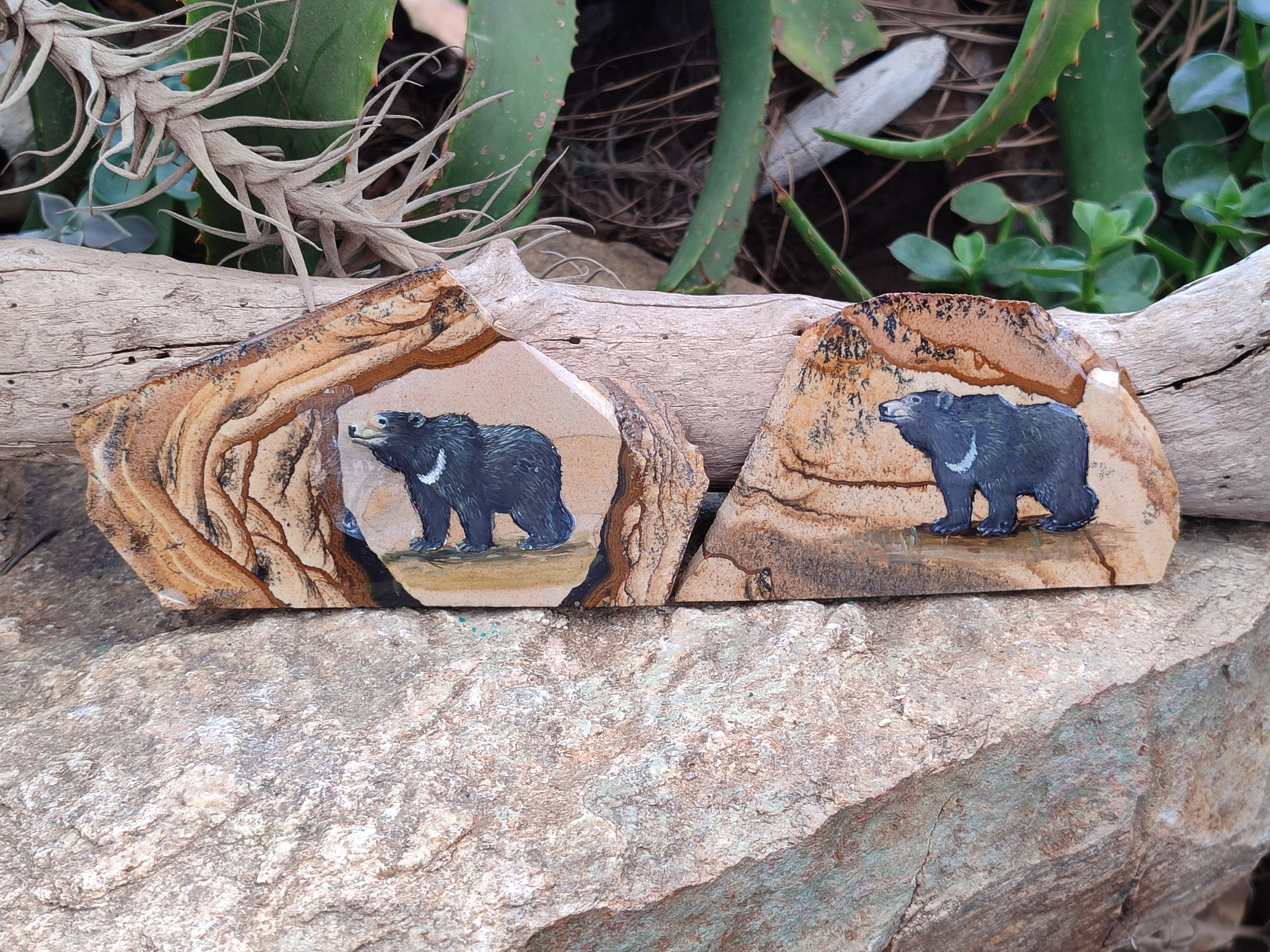 Hand Made Bear Decoupage on Picture Stone Jasper Stone Slabs - sold per item - From Namibia - Toprock Gemstones and Minerals 