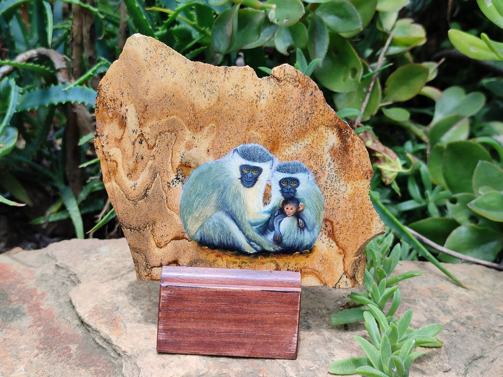 Hand Made Vervet Monkey Family Decoupage on Picture Stone Jasper Stone Slabs - sold per item - From Namibia - Toprock Gemstones and Minerals 