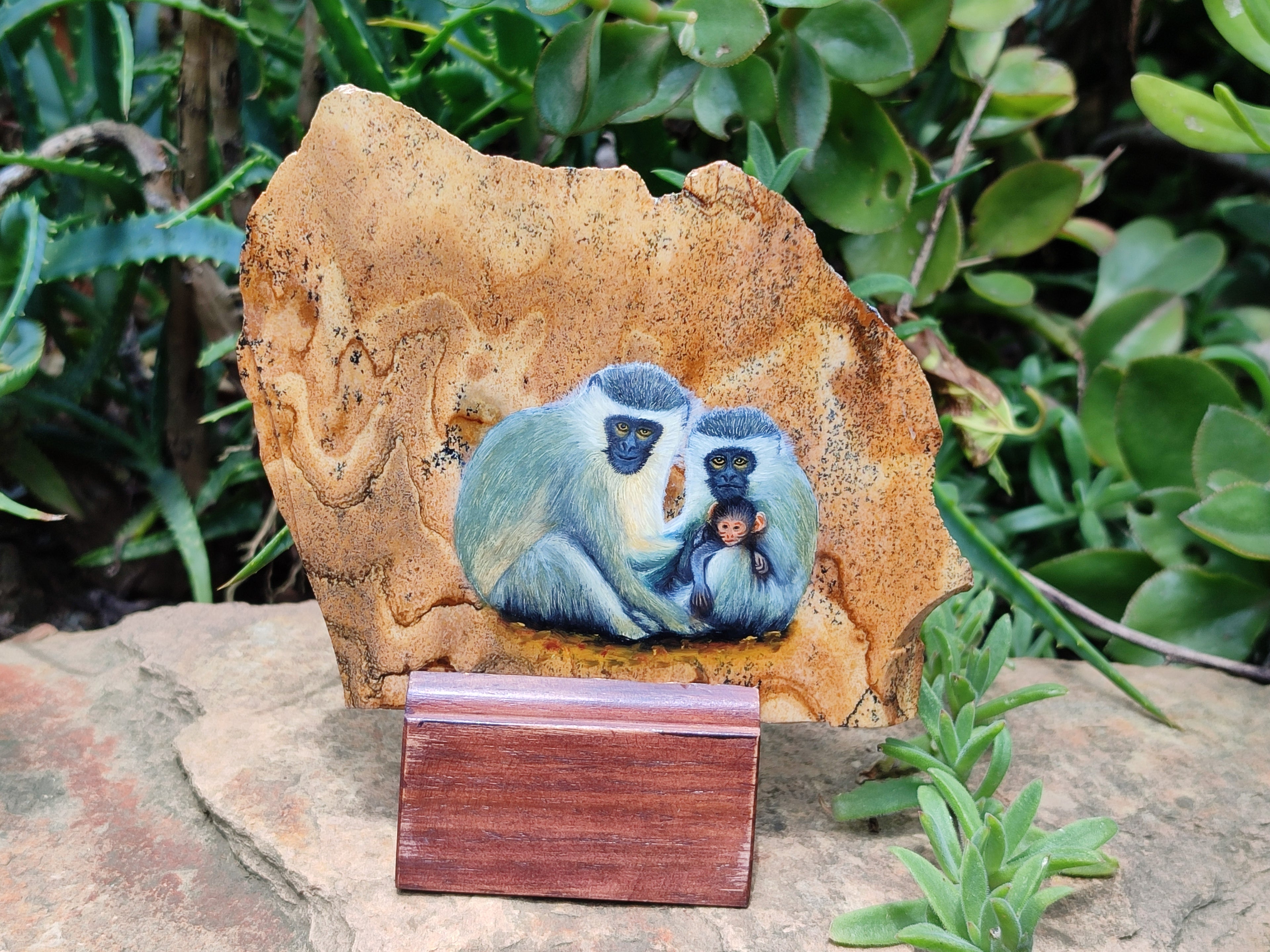Hand Made Vervet Monkey Family Decoupage on Picture Stone Jasper Stone Slabs - sold per item - From Namibia - Toprock Gemstones and Minerals 