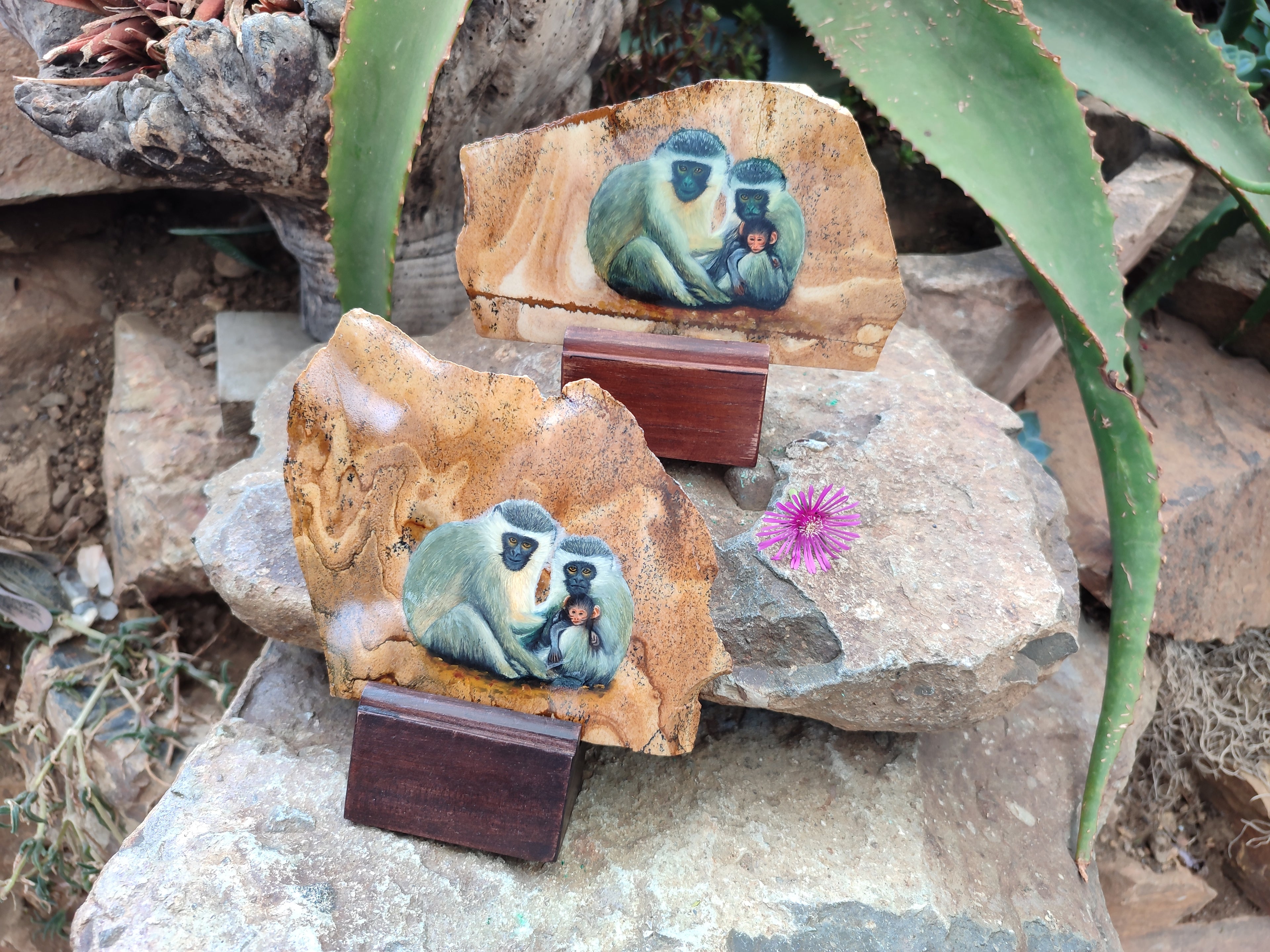 Hand Made Vervet Monkey Family Decoupage on Picture Stone Jasper Stone Slabs - sold per item - From Namibia - Toprock Gemstones and Minerals 