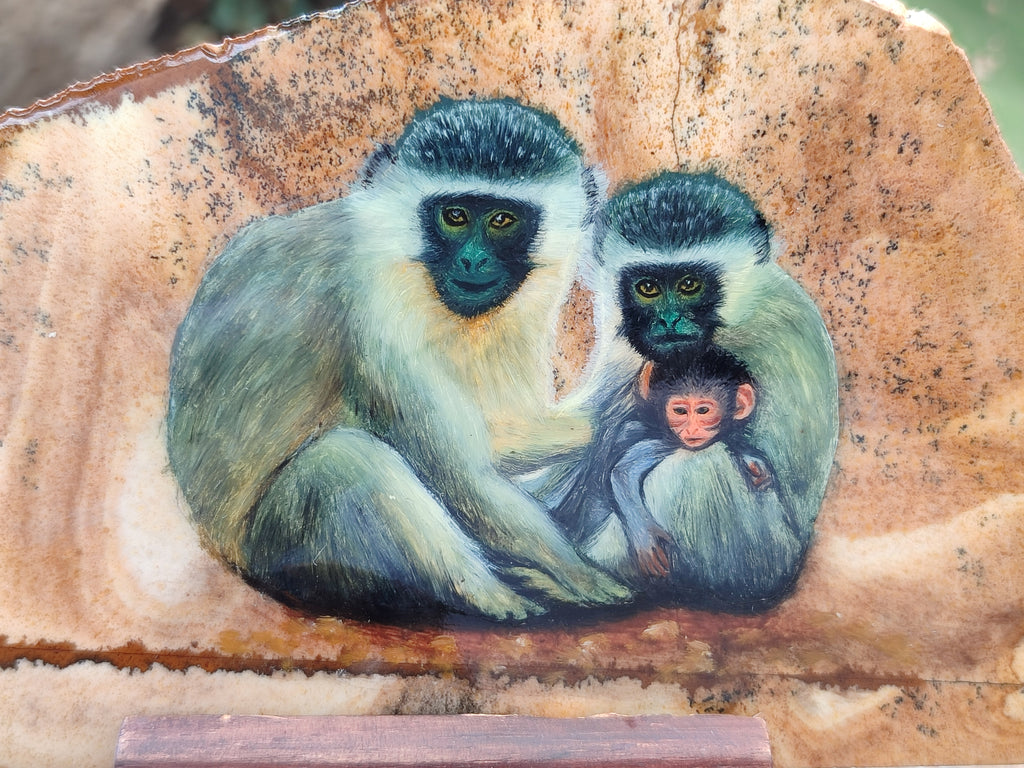 Hand Made Vervet Monkey Family Decoupage on Picture Stone Jasper Stone Slabs - sold per item - From Namibia - Toprock Gemstones and Minerals 