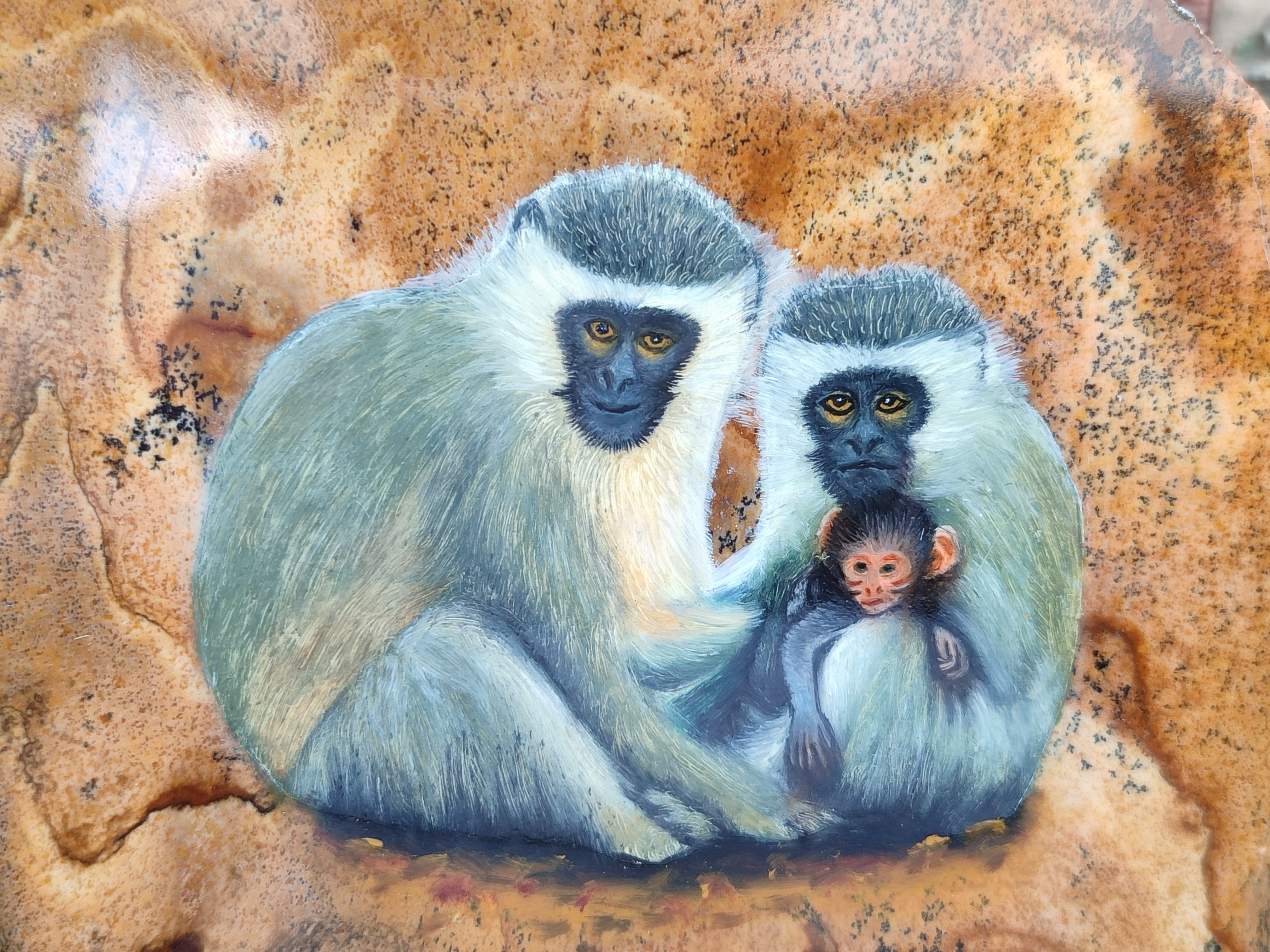Hand Made Vervet Monkey Family Decoupage on Picture Stone Jasper Stone Slabs - sold per item - From Namibia - Toprock Gemstones and Minerals 