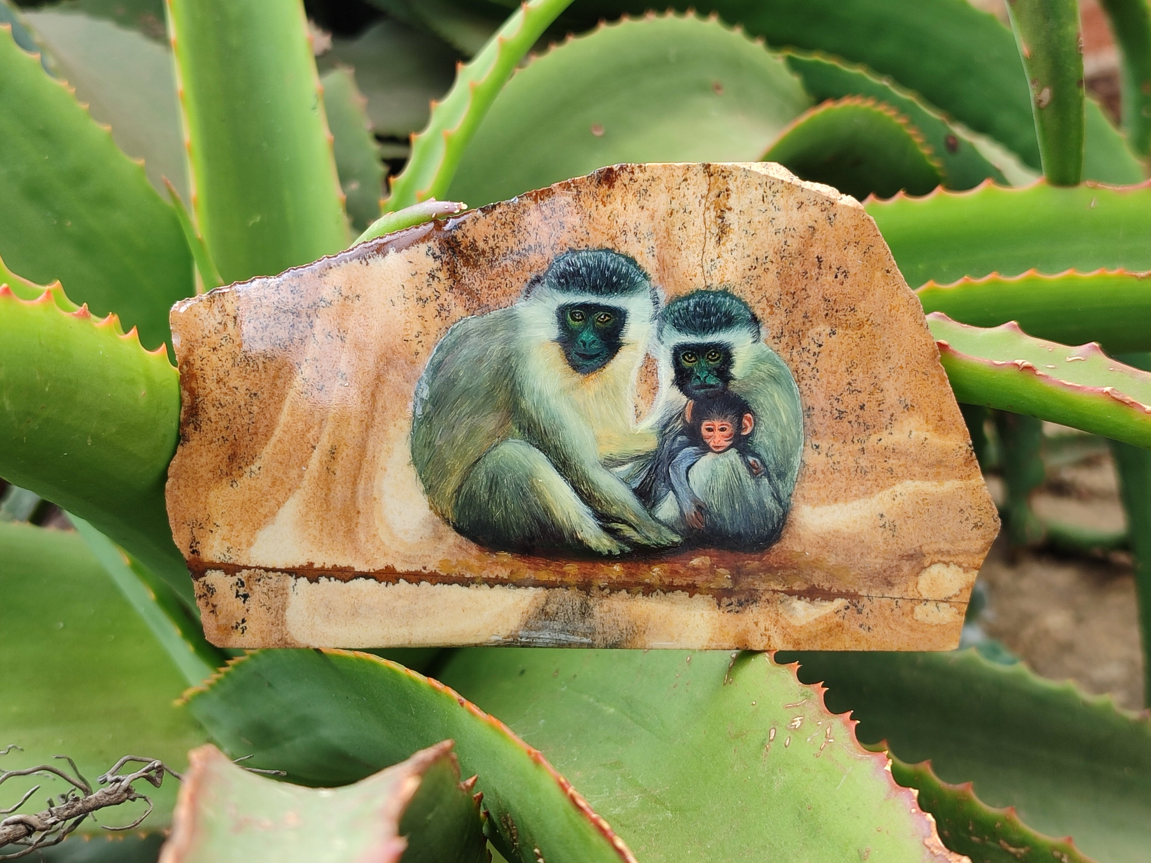 Hand Made Vervet Monkey Family Decoupage on Picture Stone Jasper Stone Slabs - sold per item - From Namibia - Toprock Gemstones and Minerals 