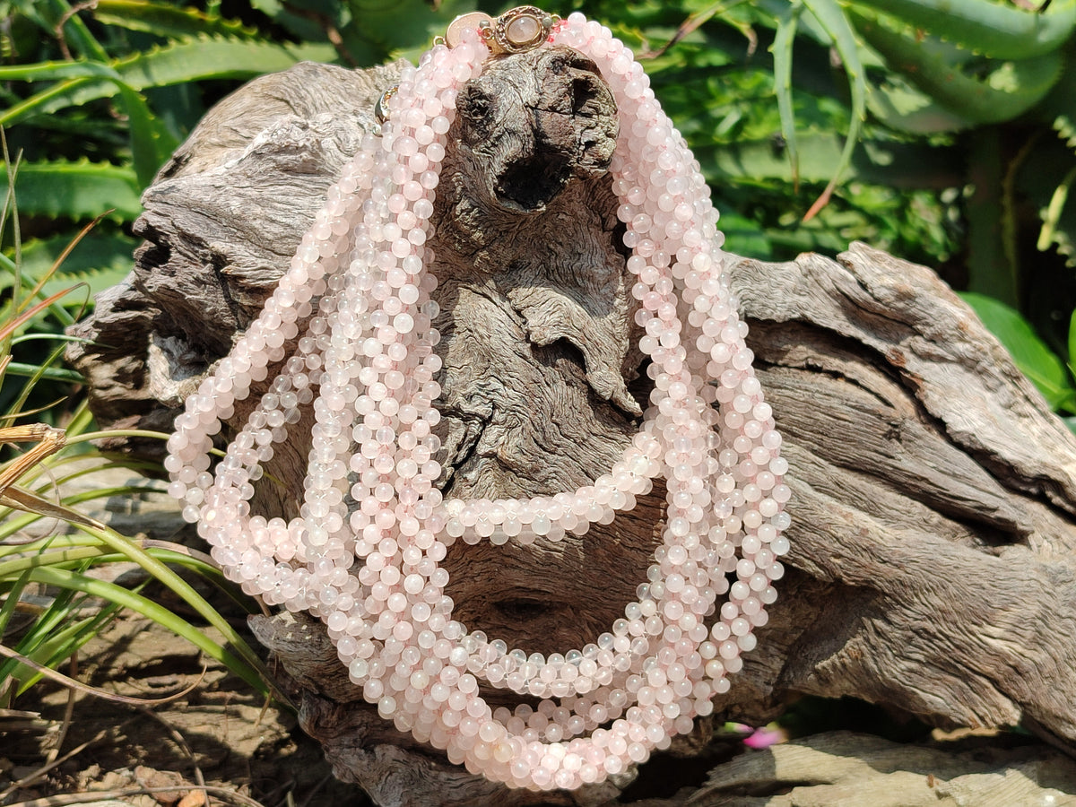 Polished Rose Quartz Multi Strand Bead Necklace with Cabochon Clasp - Sold Per Item - From Madagascar - Toprock Gemstones and Minerals 