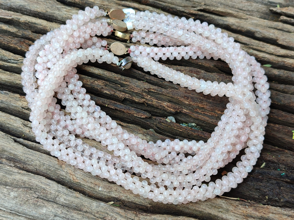 Polished Rose Quartz Multi Strand Bead Necklace with Cabochon Clasp - Sold Per Item - From Madagascar - Toprock Gemstones and Minerals 