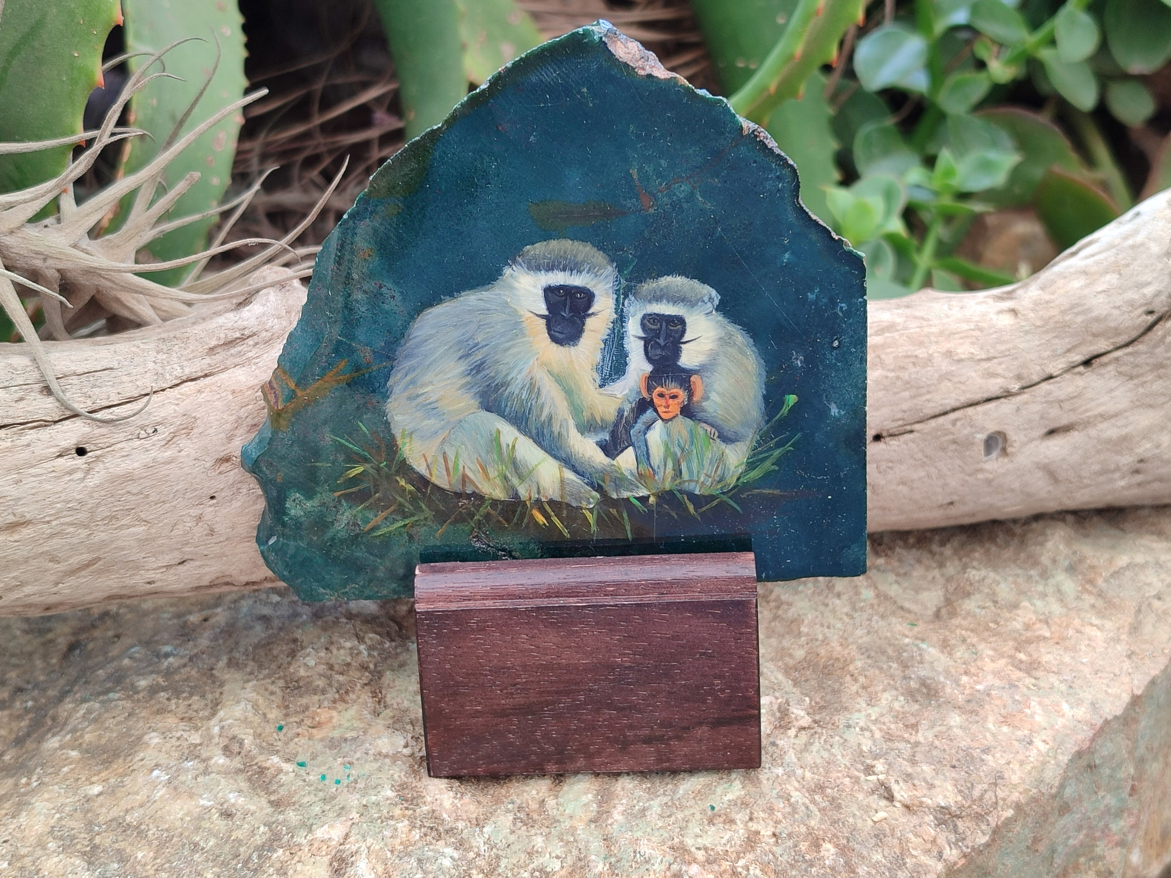 Hand Made Vervet Monkey Family Decoupage on Moss Agate Stone Slabs - sold per item - From South Africa - Toprock Gemstones and Minerals 