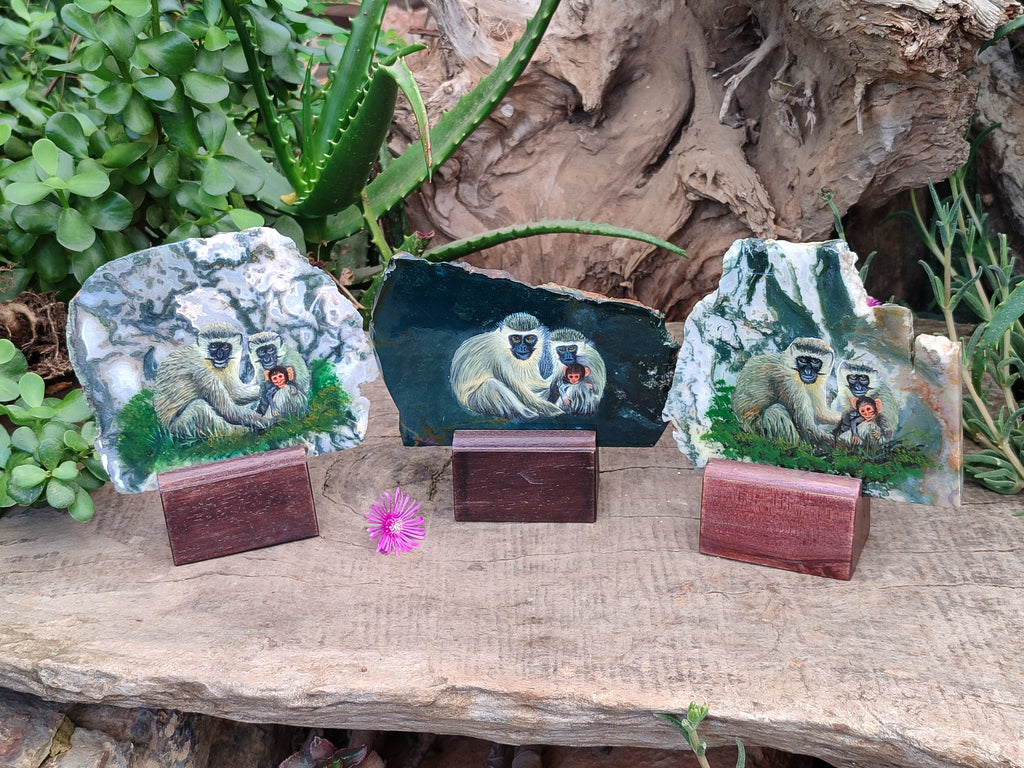 Hand Made Vervet Monkey Family Decoupage on Moss Agate Stone Slabs - sold per item - From South Africa - Toprock Gemstones and Minerals 